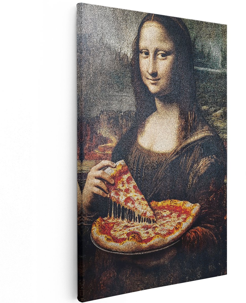 Artaza Canvas Schilderij Mona Lisa Met Pizza - 120x180 cm - Groot - Wanddecoratie Da Vinci - Muurdecoratie Renaissance Portret - Keuken Decoratie Eten