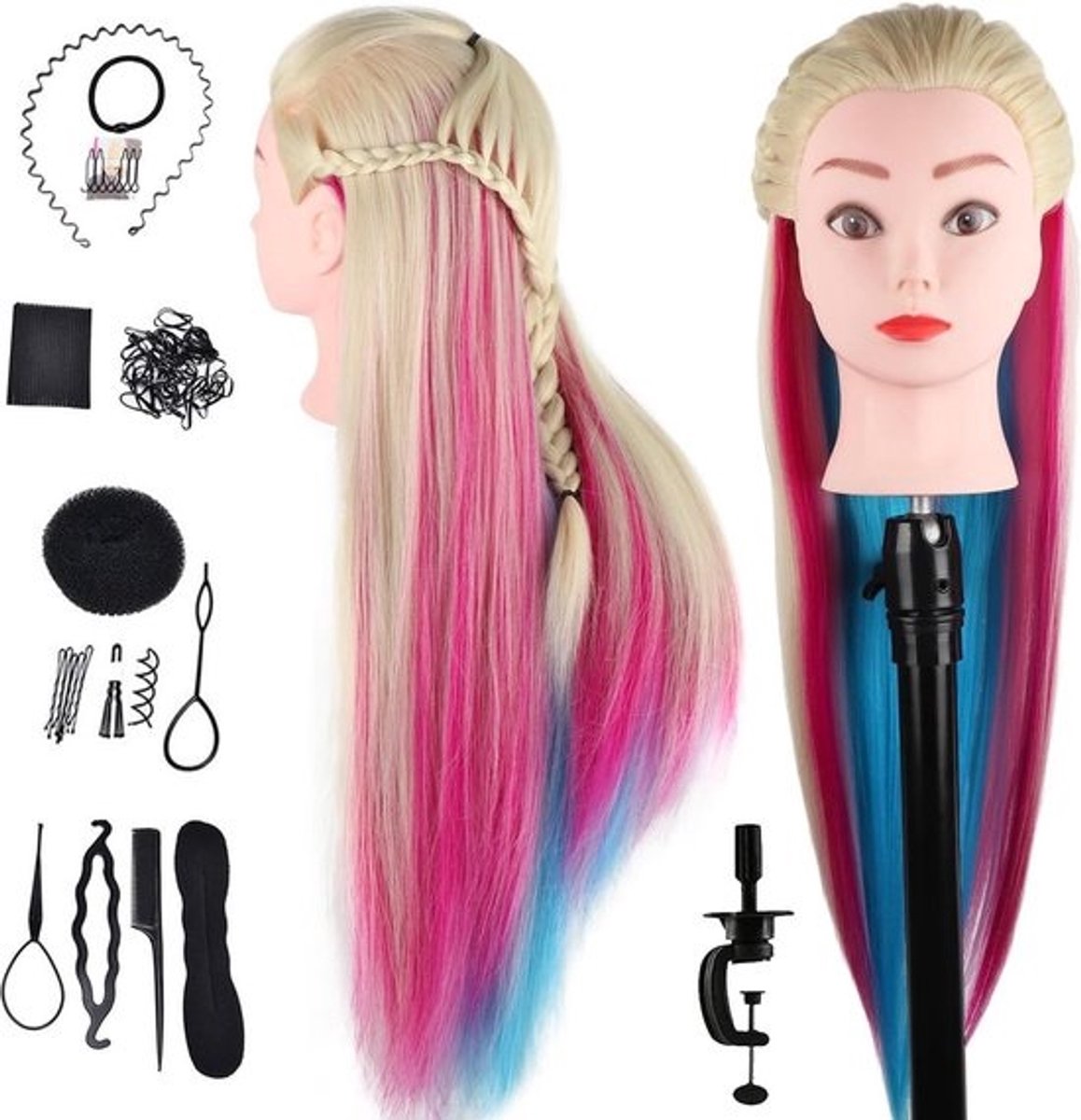 Haarstyling Training Hoofd Synthetisch Haar 72cm - Cosmetologie Mannequin Hoofd - Kappers Mannequin Pop - Blond & Multicolor