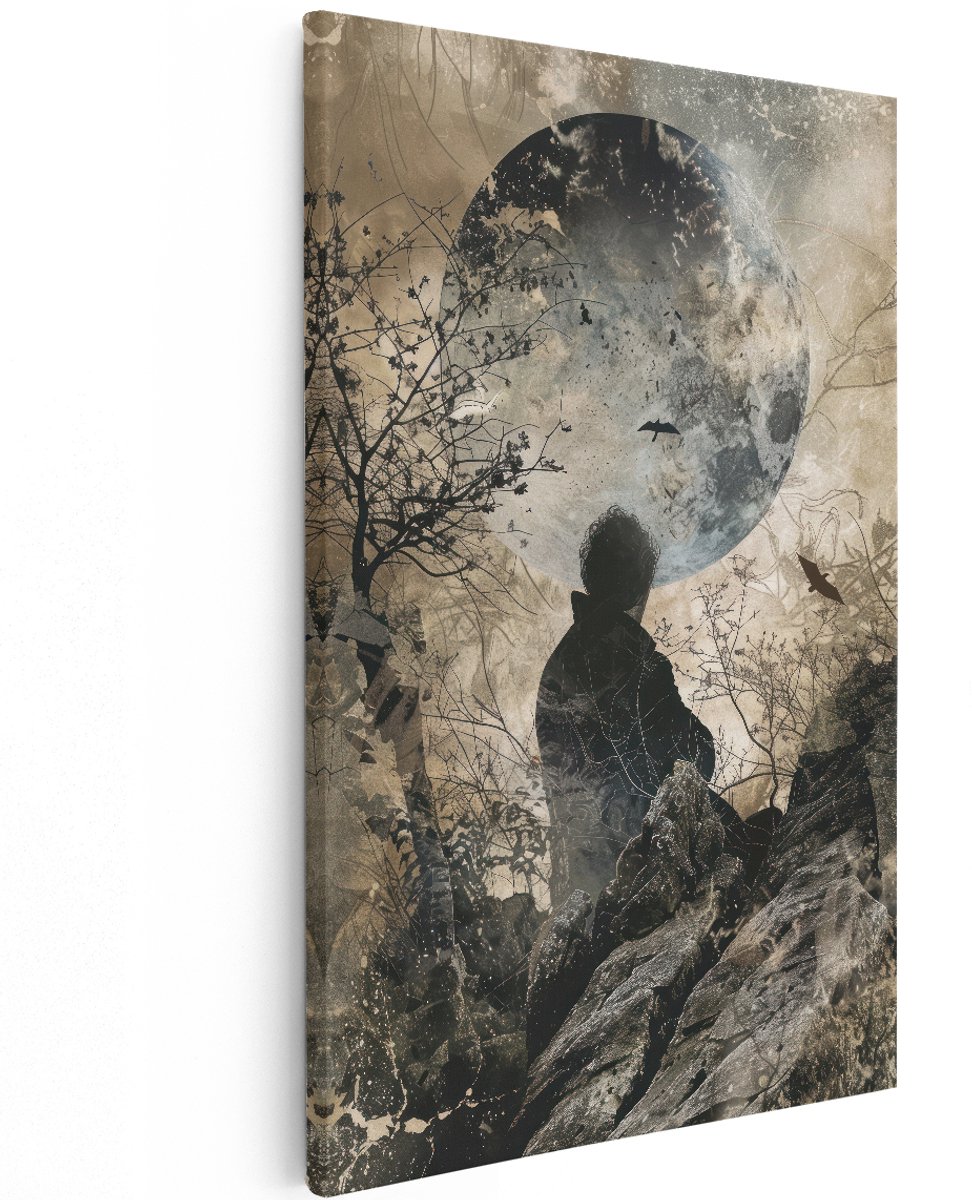 Artaza Canvas Schilderij Volle Maan - 120x180 cm - Groot - Wanddecoratie Silhouet - Muurdecoratie Landschap - Decoratie Vogels - Schilderijen Op Canvas