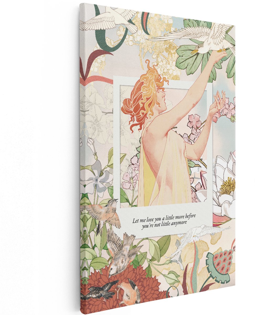 Artaza Canvas Schilderij Vrouw Met Vogels - 120x180 cm - Groot - Wanddecoratie Bloemen - Muurdecoratie Art Nouveau - Decoratie Goud Vintage