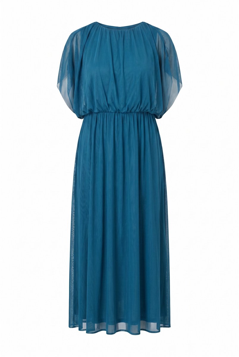 Ulla Popken - Dames - Maxi-jurk ballonmodel bovenstuk ronde hals mouwloos - Petrolblauw - Maat 50+