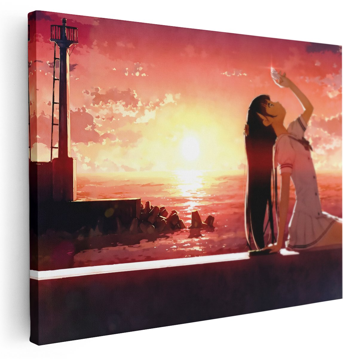 Artaza Canvas Schilderij Zonsondergang - 160x120 cm - Groot - Wanddecoratie Zee Anime - Muurdecoratie Vuurtoren - Schilderijen Op Canvas - Rood