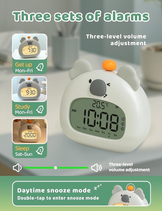 Kinderwekker Nachtlampje - Koala Wekker - Kinderen Leren Slapen - Drie Alarm Modi - 315 Inch - Wit — afbeelding 4