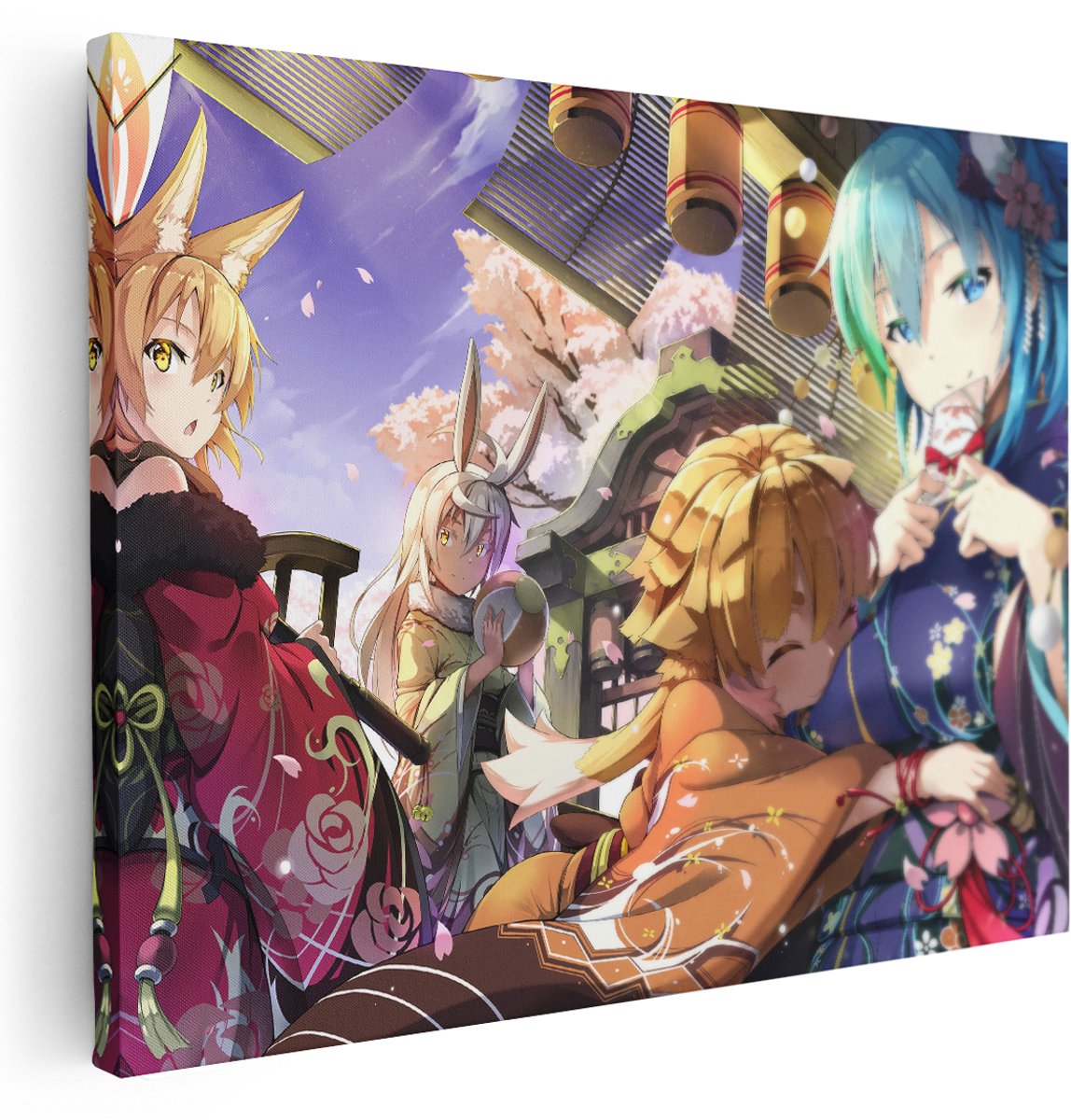 Artaza Canvas Schilderij Anime Kimono - 160x120 cm - Groot - Wanddecoratie Japandi - Muurdecoratie Kersenbloesem - Decoratie Slaapkamer - Kamer Accessoires