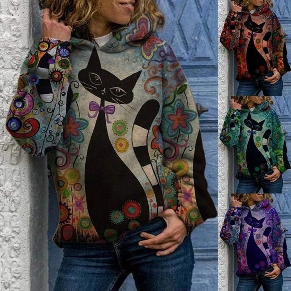 Dames Trui met Lange Mouwen en Cartoon Kattenprint - Comfortabele Losse Pullover met Capuchon