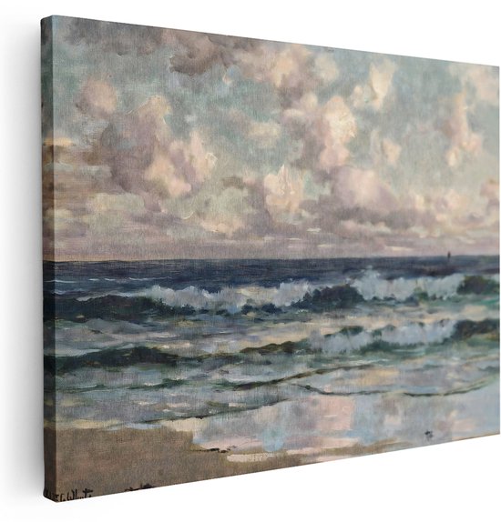 Peinture à l'huile de vagues sur la côte sous un ciel nuageux avec de la lumière traversant les nuages. La plage est visible en bas.