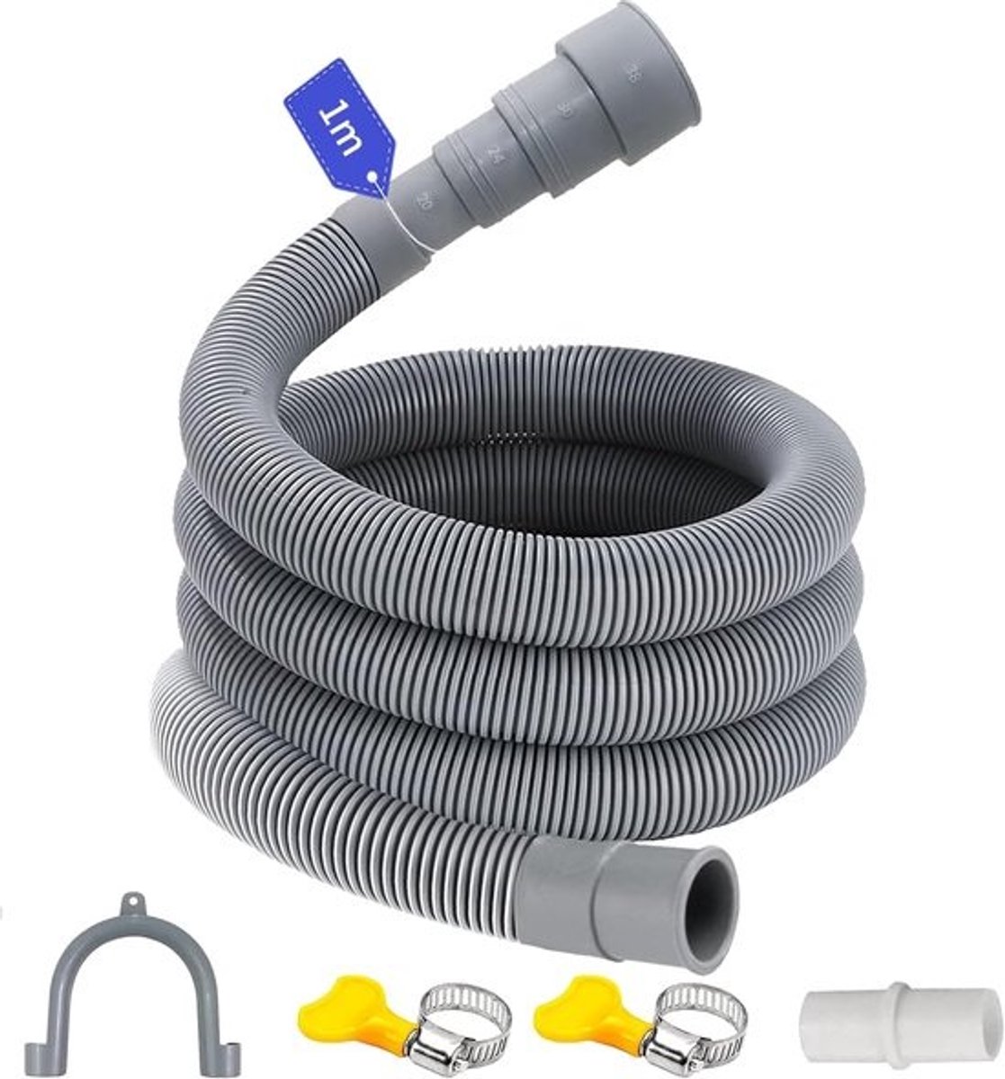 Drain Hose Extension 1/1.5/2/2.5/3/4/5/6 m - Afvoerslang voor Wasmachine - met Beugelaansluiting en Slangklemmen - Uitbreidbare Afvoerslang voor Wasmachines en Vaatwassers - 1 m