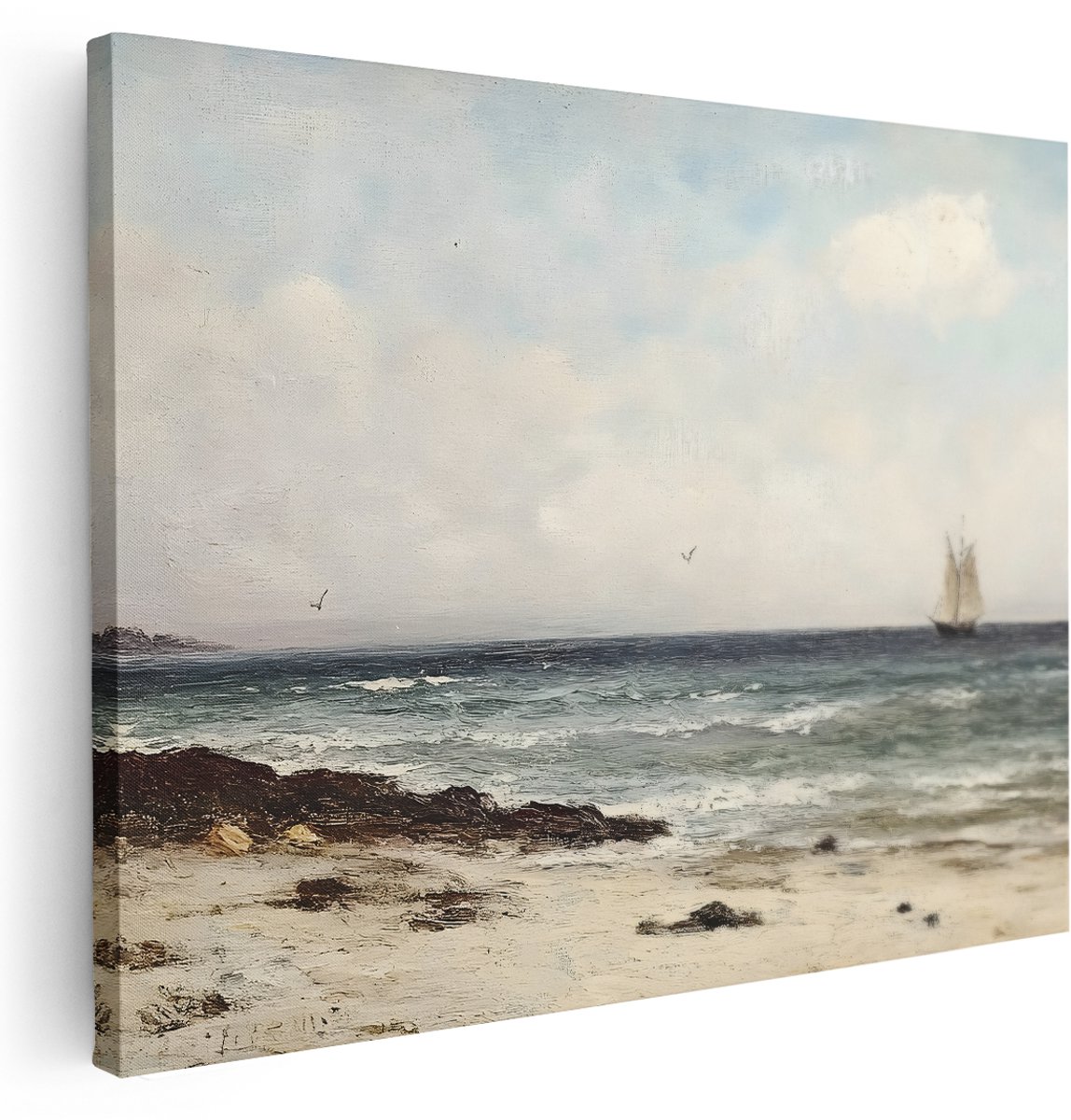 Artaza Canvas Schilderij Landschap - 160x120 cm - Groot - Wanddecoratie Kustlijn - Muurdecoratie Natuur - Decoratie Zeilschip - Schilderijen Op Canvas