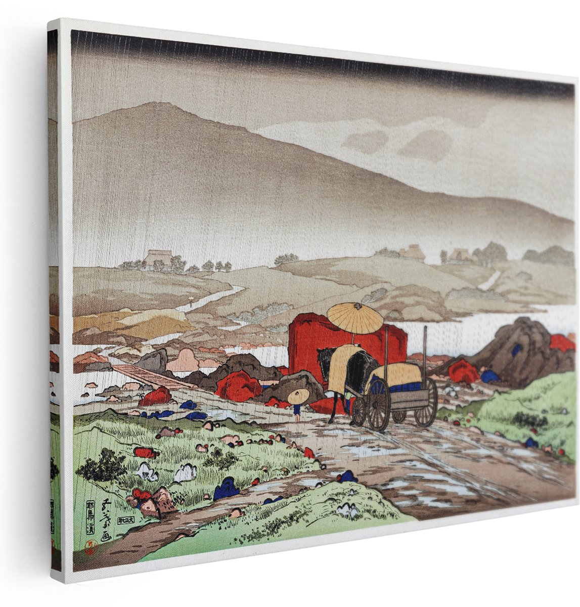 Artaza Canvas Schilderij Landschap Japan - 160x120 cm - Groot - Wanddecoratie Houtsnede - Muurdecoratie Bergen - Kamer Accessoires Natuur