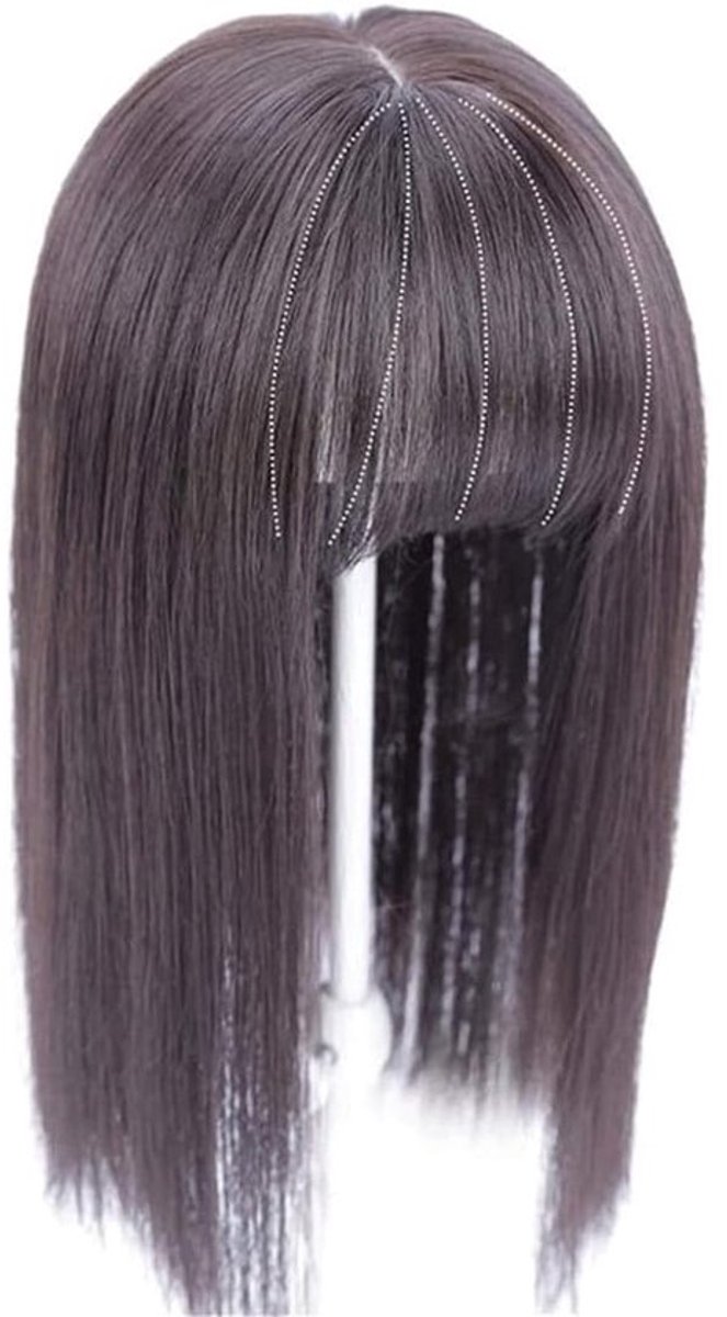 Natuurlijke Haarstuk Topper met Pony voor Vrouwen - Onzichtbare Clip-in Echthaar Verlenging 45 cm Donkerbruin