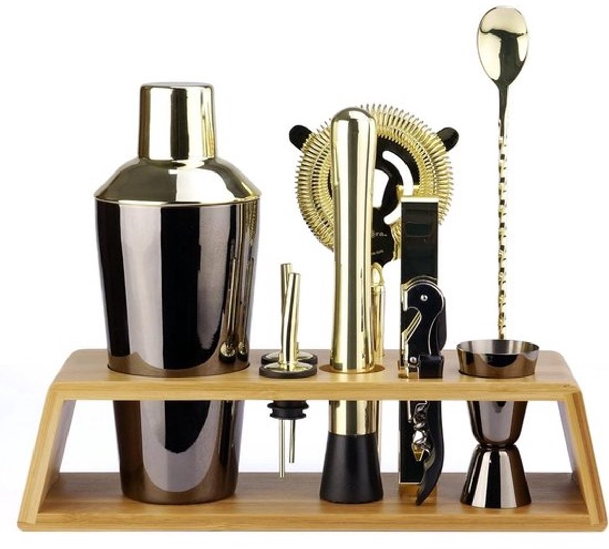 Professionele Cocktail Shaker Set met Bamboe Standaard - 10 Delige Bar Tool Set Zwart/Goud