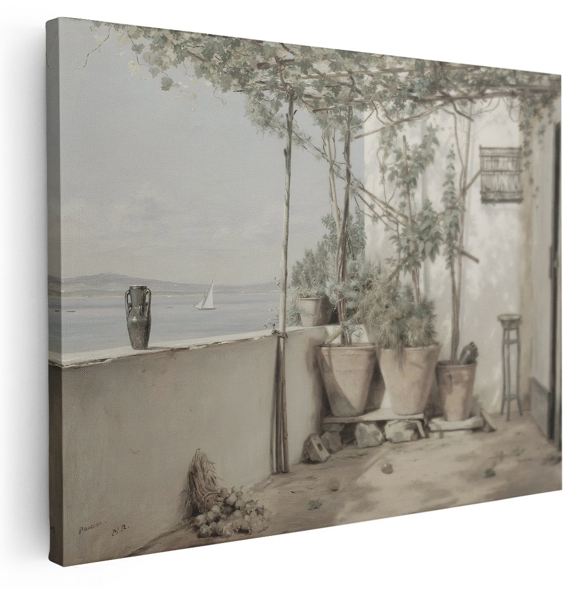Artaza Canvas Schilderij Zeezicht - 160x120 cm - Groot - Wanddecoratie Terras - Muurdecoratie Vintage Landschap - Schilderijen Op Canvas Mediterraan