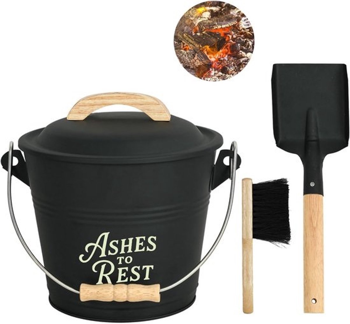 Assemmer Set met Deksel, Schop en Bezem - Kleine Metalen Emmer voor Houtkachel en Open Haard