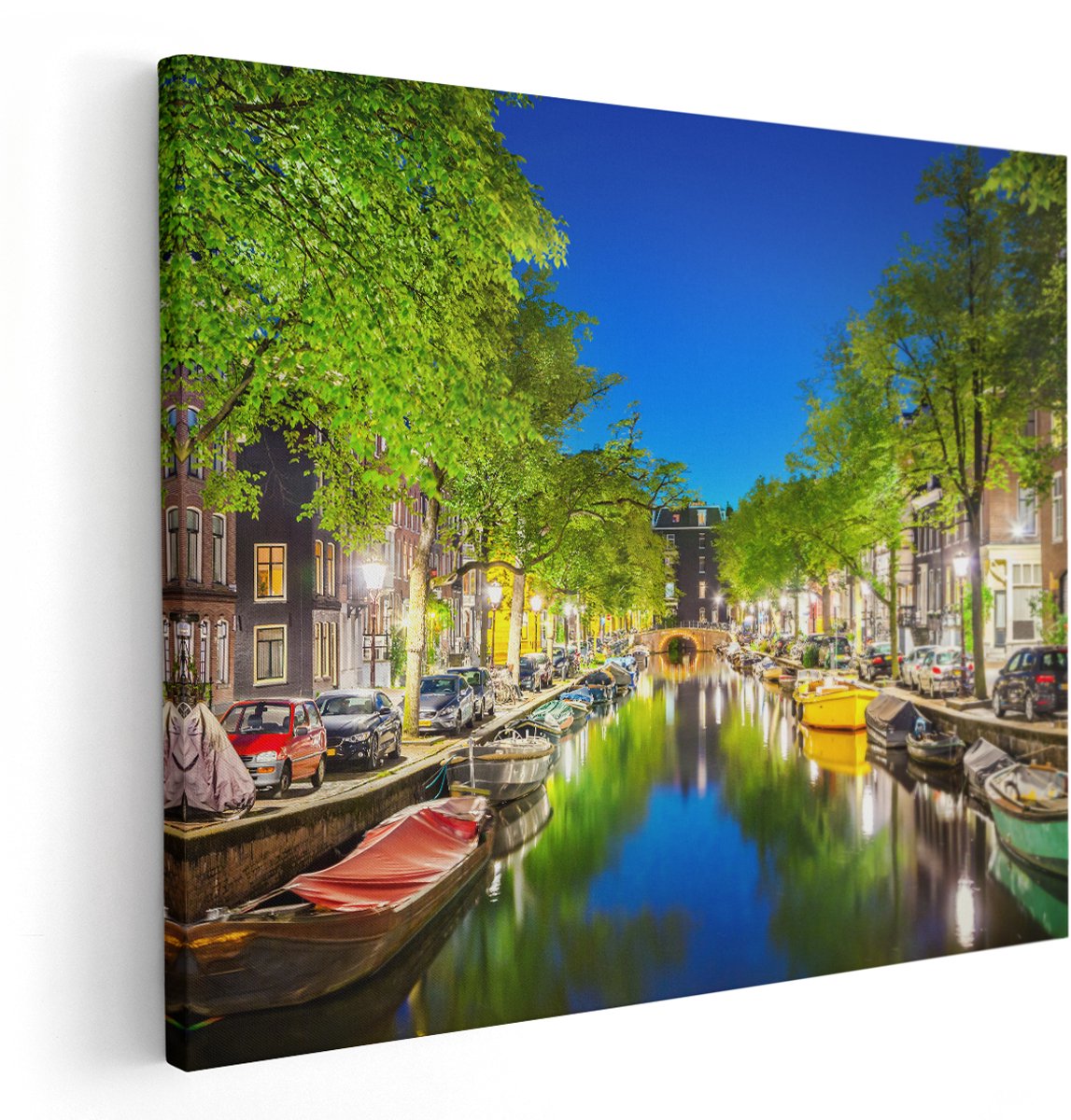Artaza Canvas Schilderij Amsterdamse Gracht In De Nacht - 150x120 cm - Groot - Wanddecoratie Woonkamer - Schilderijen - Muurdecoratie