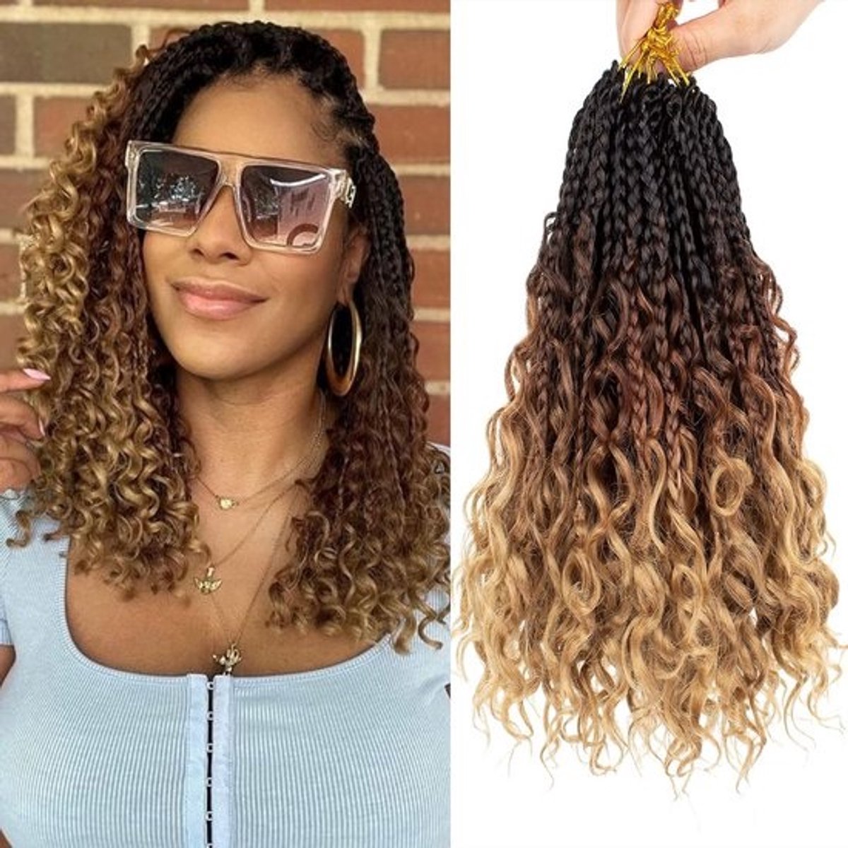 10 inch Boho Box Braids gehaakt haar - 8 verpakkingen, ombre kleuren, krullende uiteinden, synthetische vlechten voor natuurlijke look