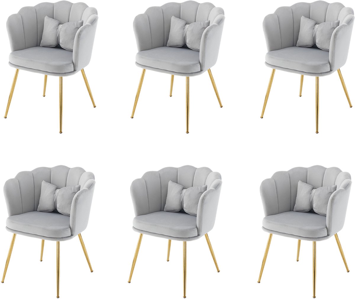 REDOM - Fauteuil - Set van 6 - Bloemblad-rug met armleuningen - Inclusief kussens - Designstijl - Woonkamer of eetkamer - Velvet en metaal - Grijs - 63 x 58 x 77 cm