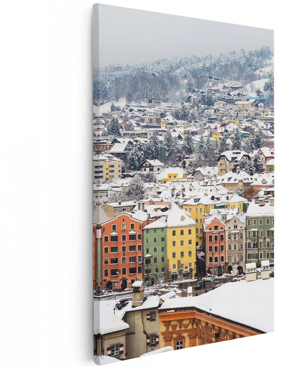 Artaza Canvas Schilderij Gekleurde Huisjes met Sneeuw in Oostenrijk - 120x180 cm - Groot - Wanddecoratie Woonkamer - Schilderijen - Muurdecoratie