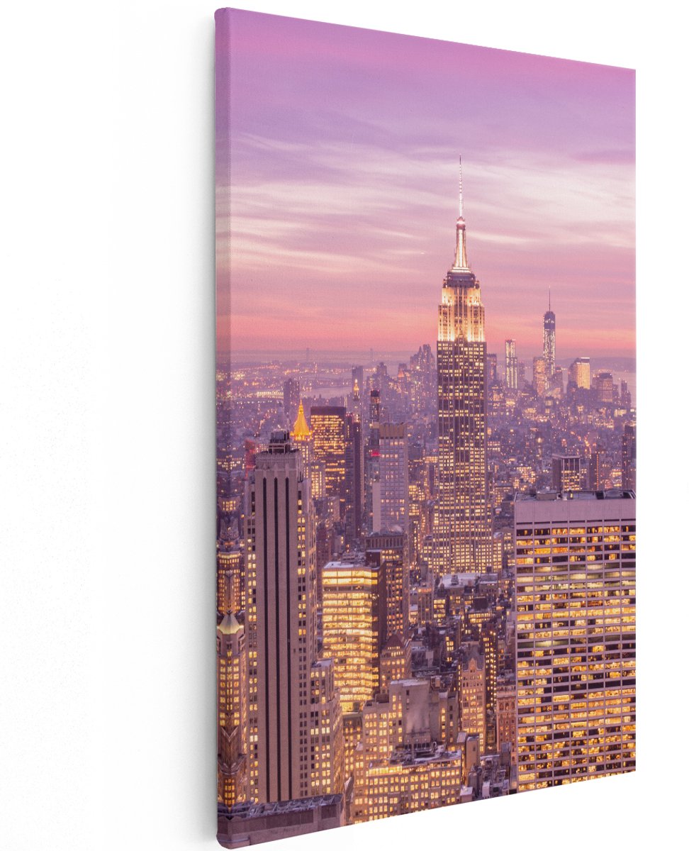 Artaza Canvas Schilderij New York Skyline Met Lichten Bij Zonsondergang - 120x180 cm - Groot - Wanddecoratie Woonkamer - Schilderijen - Muurdecoratie