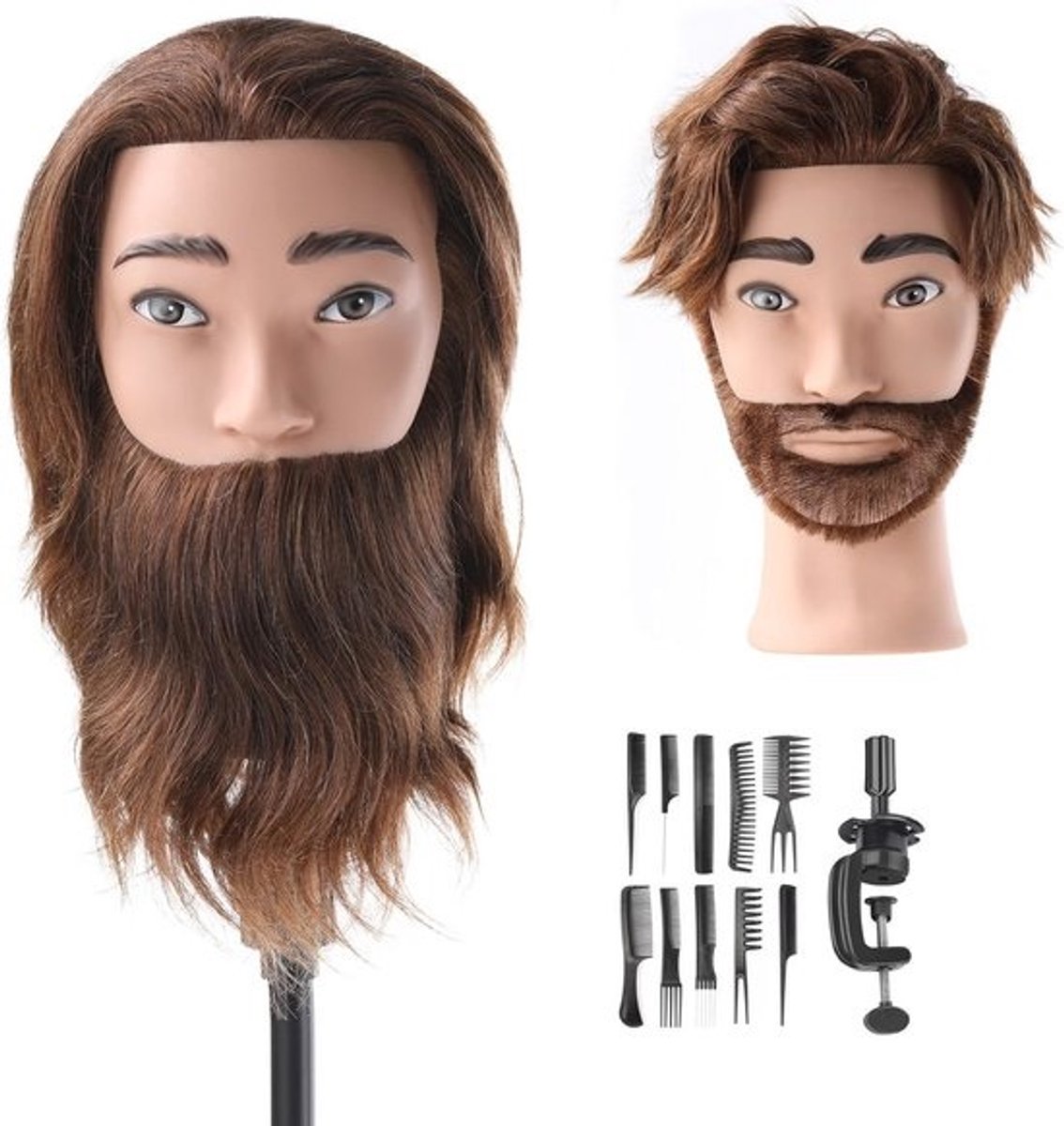 Echt Haar Mannen Mannequin Hoofd voor Kappers - Inclusief Tafelklem en Kamset (48 cm)