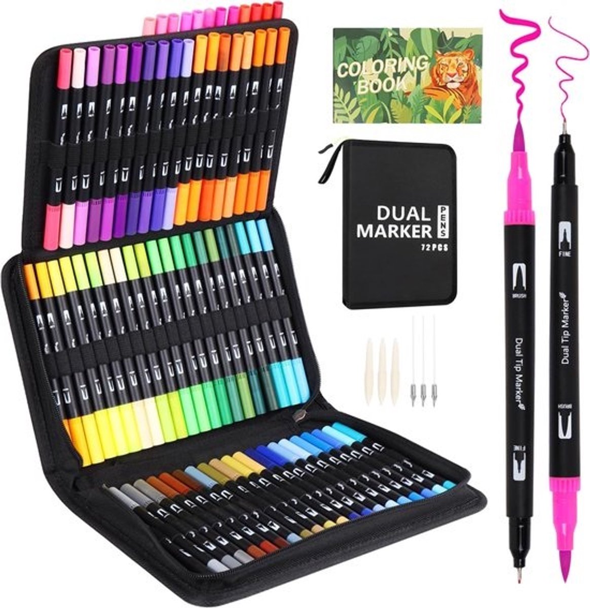 SnelShoppen - Double Tip Brush Pens Viltstiften Set van 72 Kleuren - Dubbelzijdige Kalligrafie en Aquarelpenseel voor Volwassenen en Kinderen - Perfec