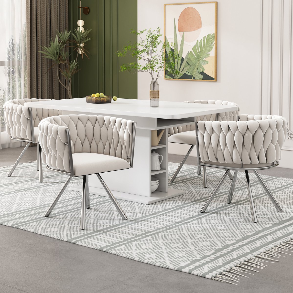 Wishdor Eetkamerstoel - Set van 4 draaibare kuipstoelen - Velvet met metalen onderstel - Beige en zilver - Voor eetkamer woonkamer - 59 x 54 x 72 cm