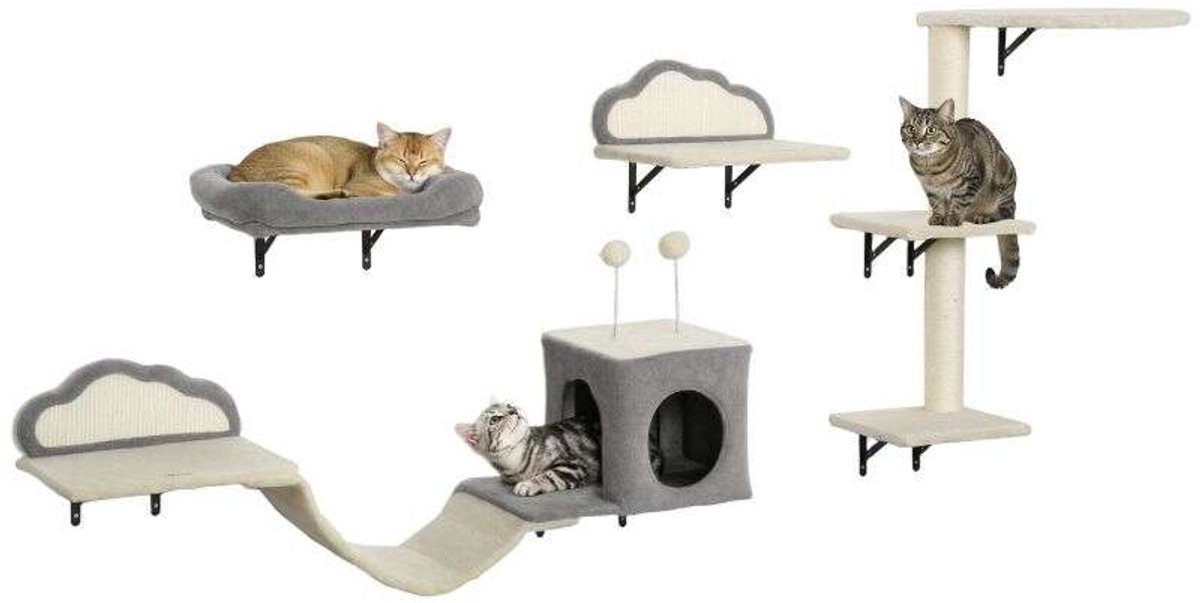 Wandgemonteerde krabpaalset voor katten, kraboppervlakken van sisal, 4 delen, voor 1-3 katten, beige