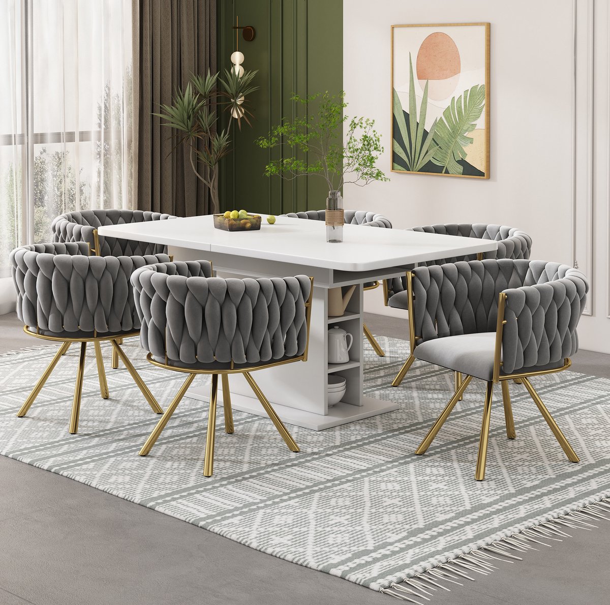 Wishdor Eetkamerstoel set van 6 - 360° draaibaar met armleuningen - Velvet bekleding en metalen vierpoot - Designstijl - Eetkamer woonkamer kantoor - Grijs goud - 72 x 59 x 54 cm
