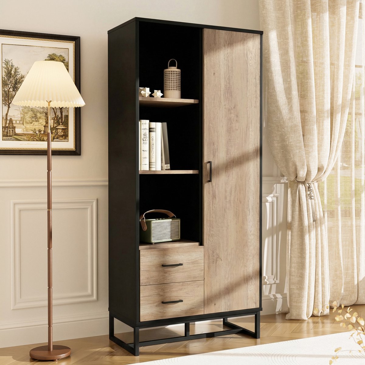 Wishdor Kast - Hoog en smal opbergmeubel - 1 deur 2 lades 3 open vakken - Industrieel - Woonkamer kantoor hal - MDF houtkleur zwart - 80 x 40 x 180 cm