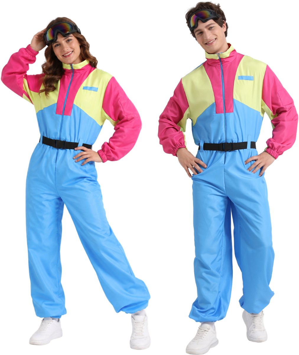 Joya Party® Retro Skipak Volwassenen | 80s 90s Verkleedpak Dames & Heren | Vintage Ski Jumpsuit | Inclusief Skibril & Riem | Après Ski Kostuum Man en Vrouw | Blauw Roze Geel | Maat L/XL