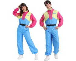 Joya Party® Retro Skipak Volwassenen | 80s 90s Verkleedpak Dames & Heren | Vintage Ski Jumpsuit | Inclusief Skibril & Riem | Après Ski Kostuum Man en Vrouw | Blauw Roze Geel | Maat L/XL