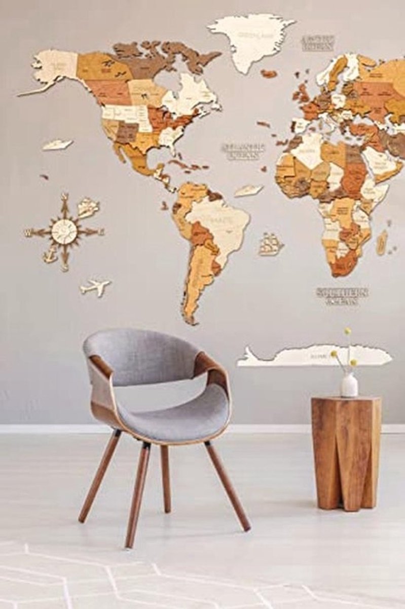 Unieke Houten Wereldkaart Wanddecoratie met 3D-effect - Meerlaagig, Meerkleurig Hout voor Woonkamer, Kantoor en Slaapkamer (150x85 cm)