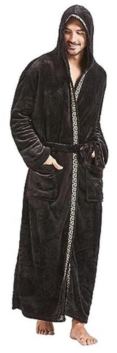 FashGudim Pluche badjas met capuchon voor heren met zwarte rand, volledige lengte, pluche lange badjas voor mannen, grote en lange warme fleece badjassen, huisgewaden