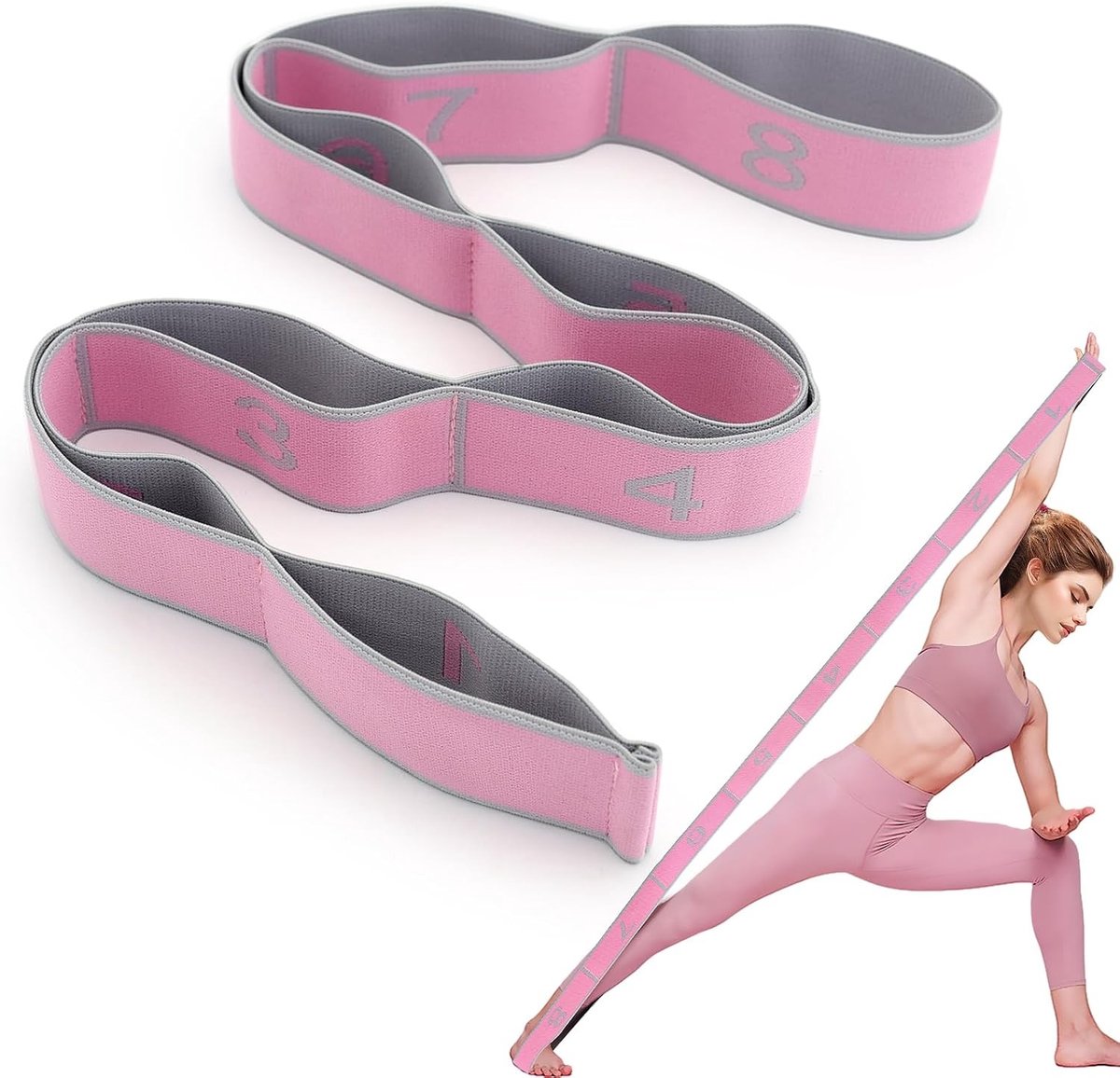 Yoga riem met 8 lussen voor optimale ondersteuning, stretchband voor pilates en rekoefeningen, ideale gymnastiekband voor flexibiliteit en krachttraining