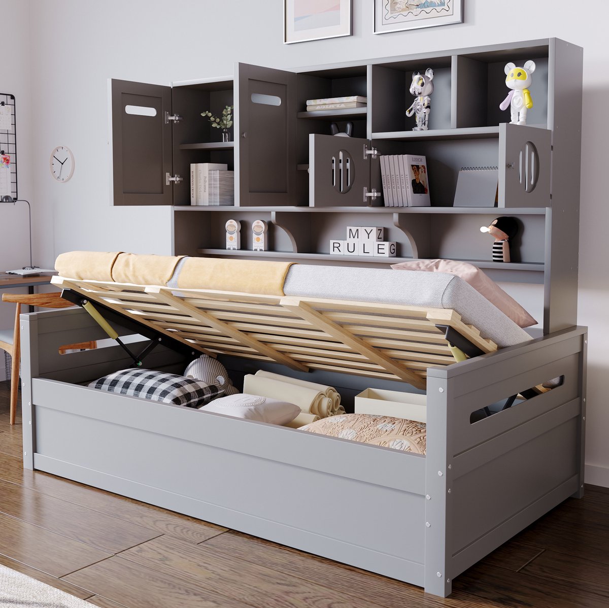 Wishdor Slaapbank 90x200 cm - Met opbergruimte - Hydraulisch opklapbaar - Bovenkasten en vakken - Voor kleine slaapkamers - Hout en MDF - Grijs