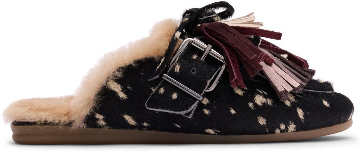Sacha - Dames - Zwarte bambi print muiltjes met wol - Maat 42