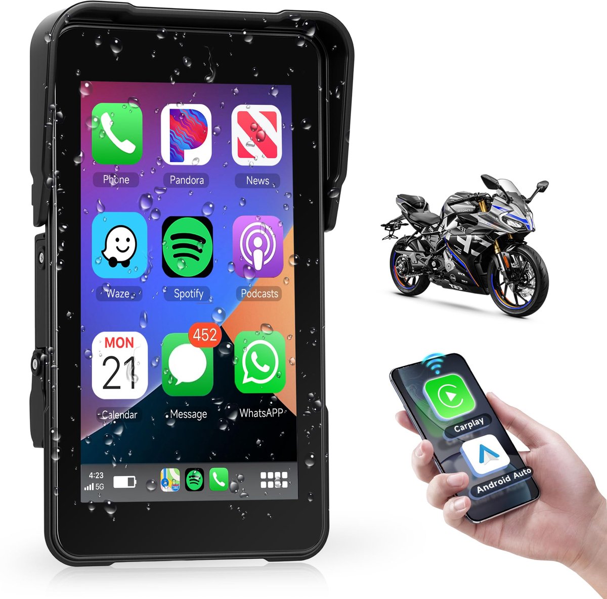 VECHTEL Draadloos CarPlay scherm 5 Inch voor Motorfiets Draagbare CarPlay & Android Auto, Waterdicht Touchscreen met - ShopVlot