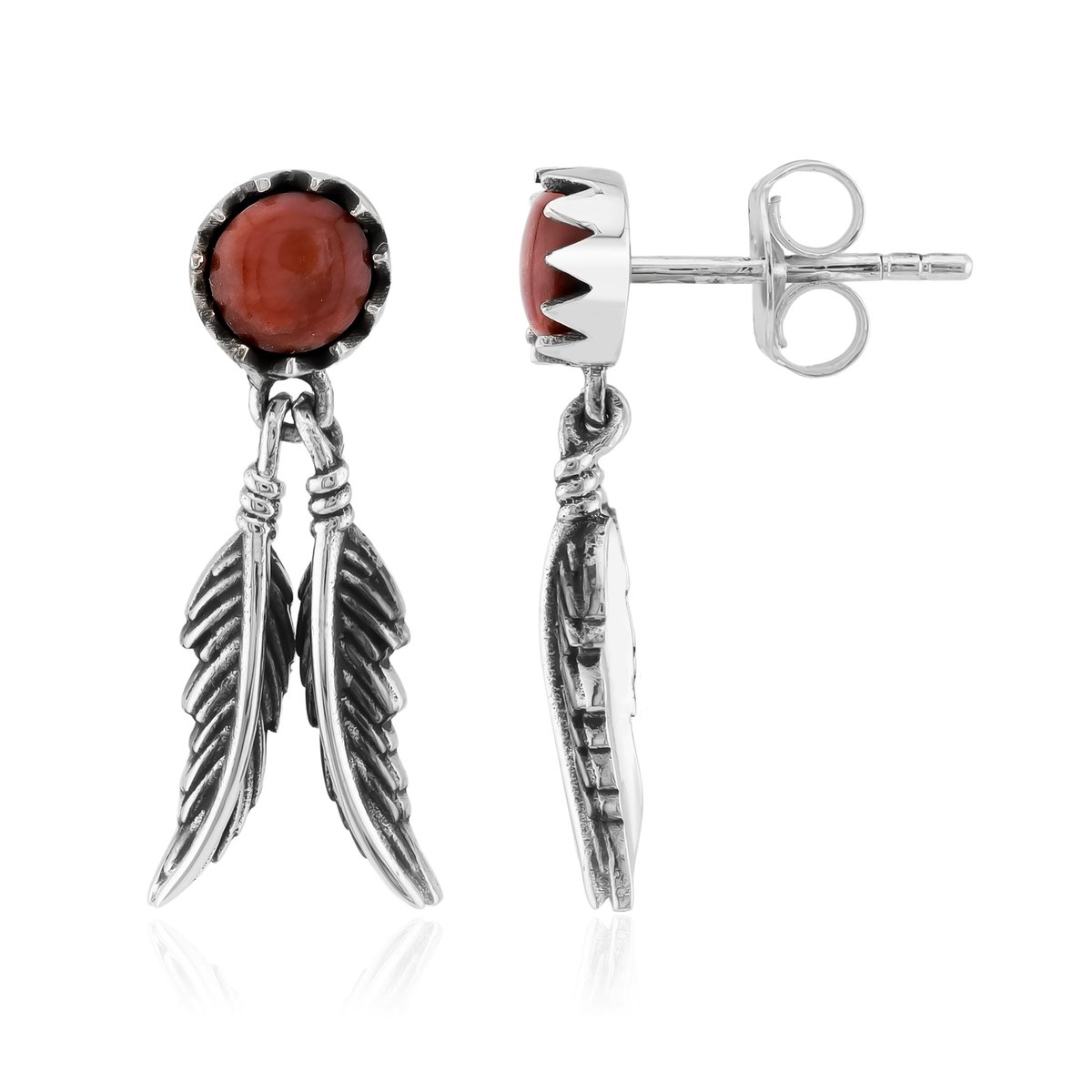 Cavill - Zilveren Oorbellen - 925 Sterling Zilver, Geoxideerd - Oranje Stekelige Oesters Cabochon 1,09 ct - Boho Veerdetail - 22 mm