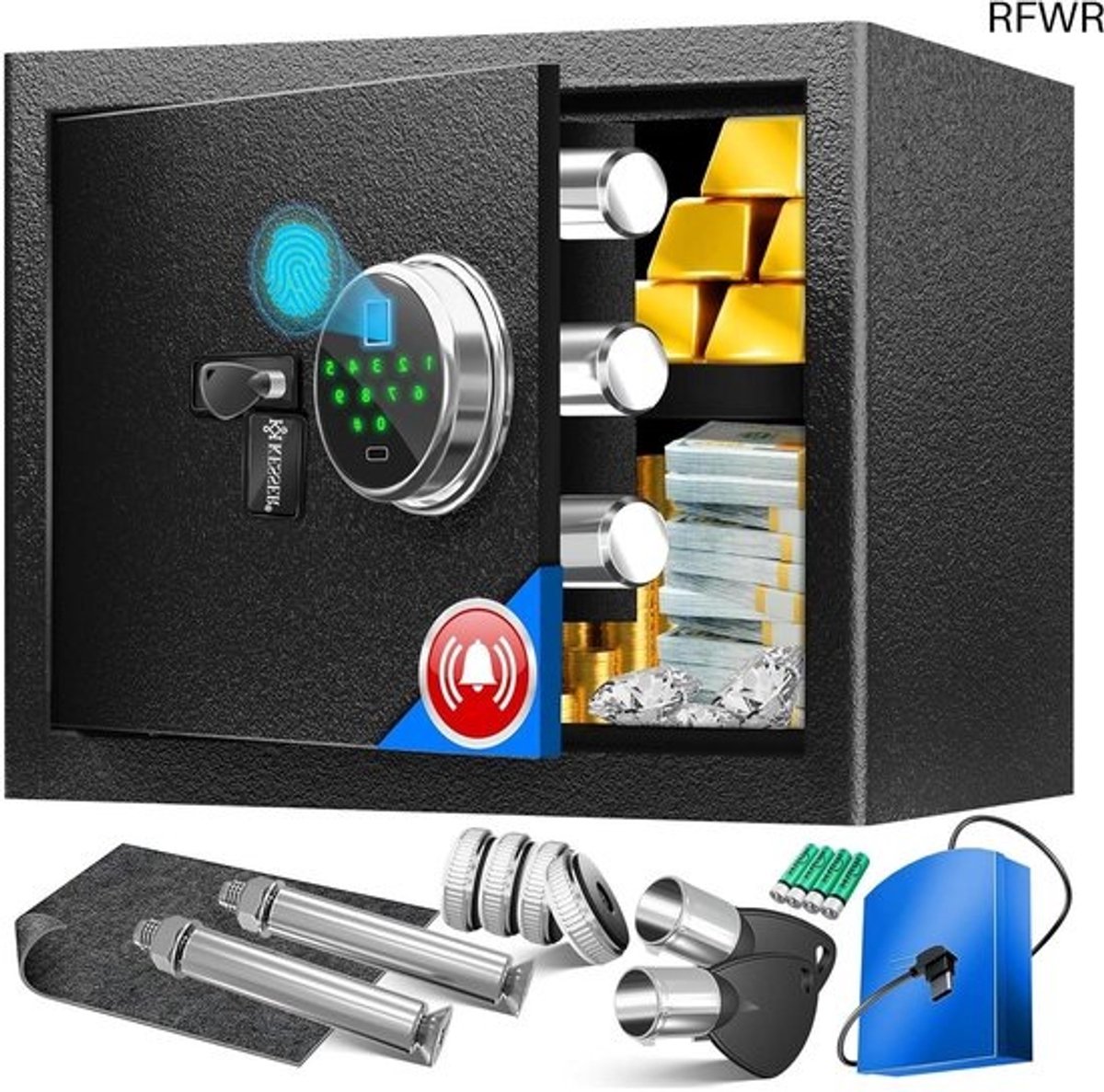 Kluis met Vingerafdruk - Brandwerend - Safe met Noodsleutel - Grijs - Beveiliging