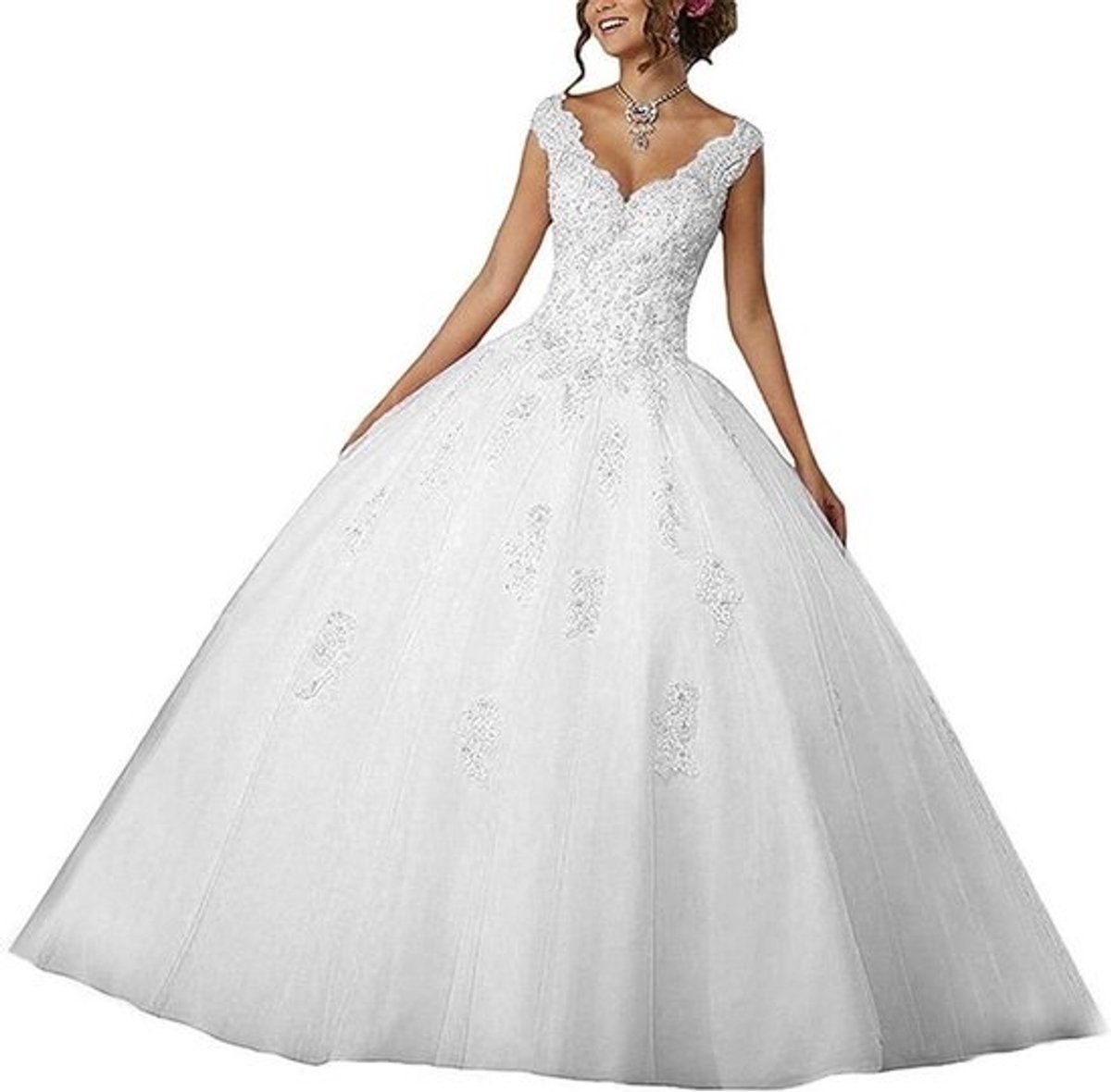 Elegante Lange Avondjurk met V-Hals en Kant voor Dames - Baljurk Geschikt voor Bruiloften