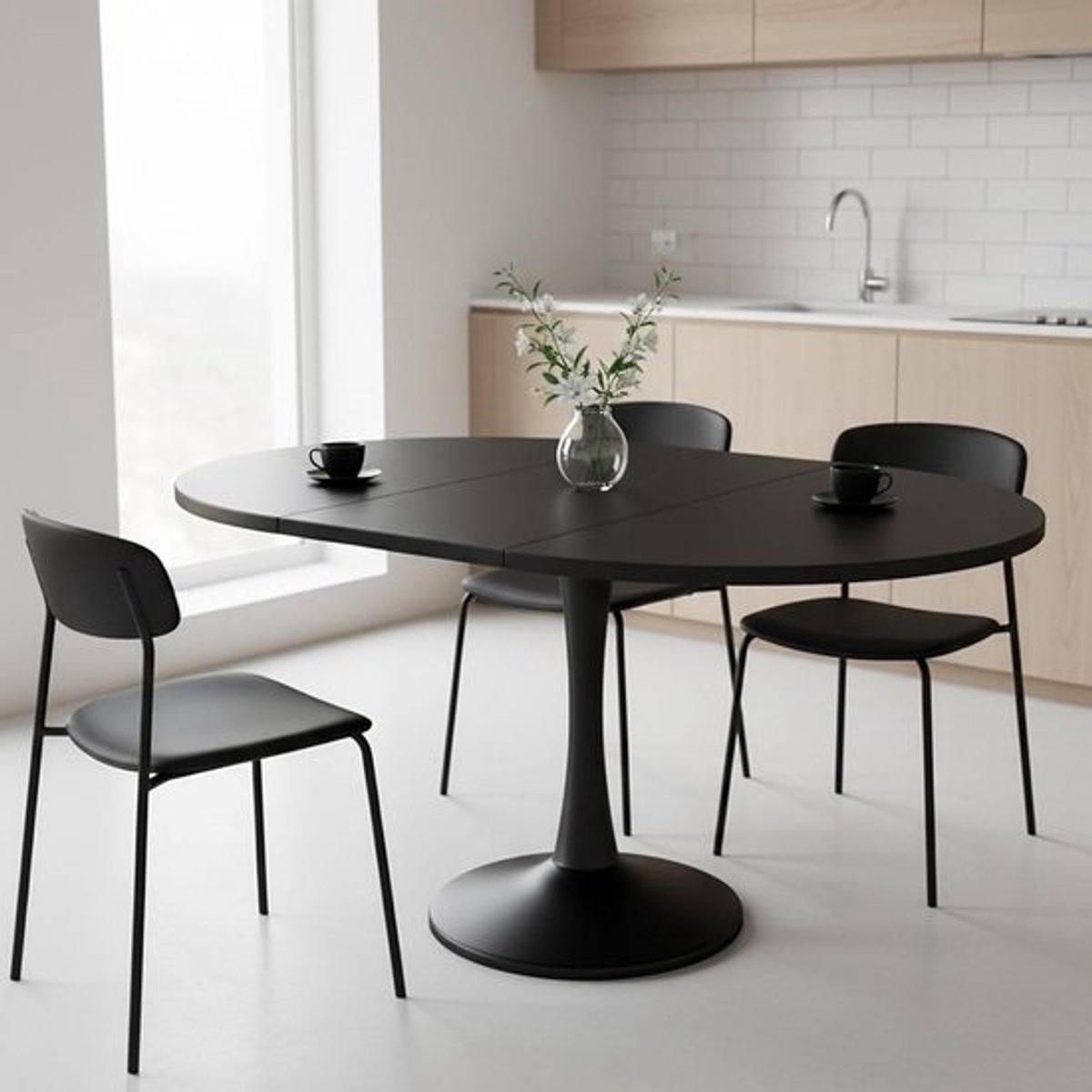 Ronde uittrekbare eettafel zwart 100-140 cm voor 4 tot 6 personen