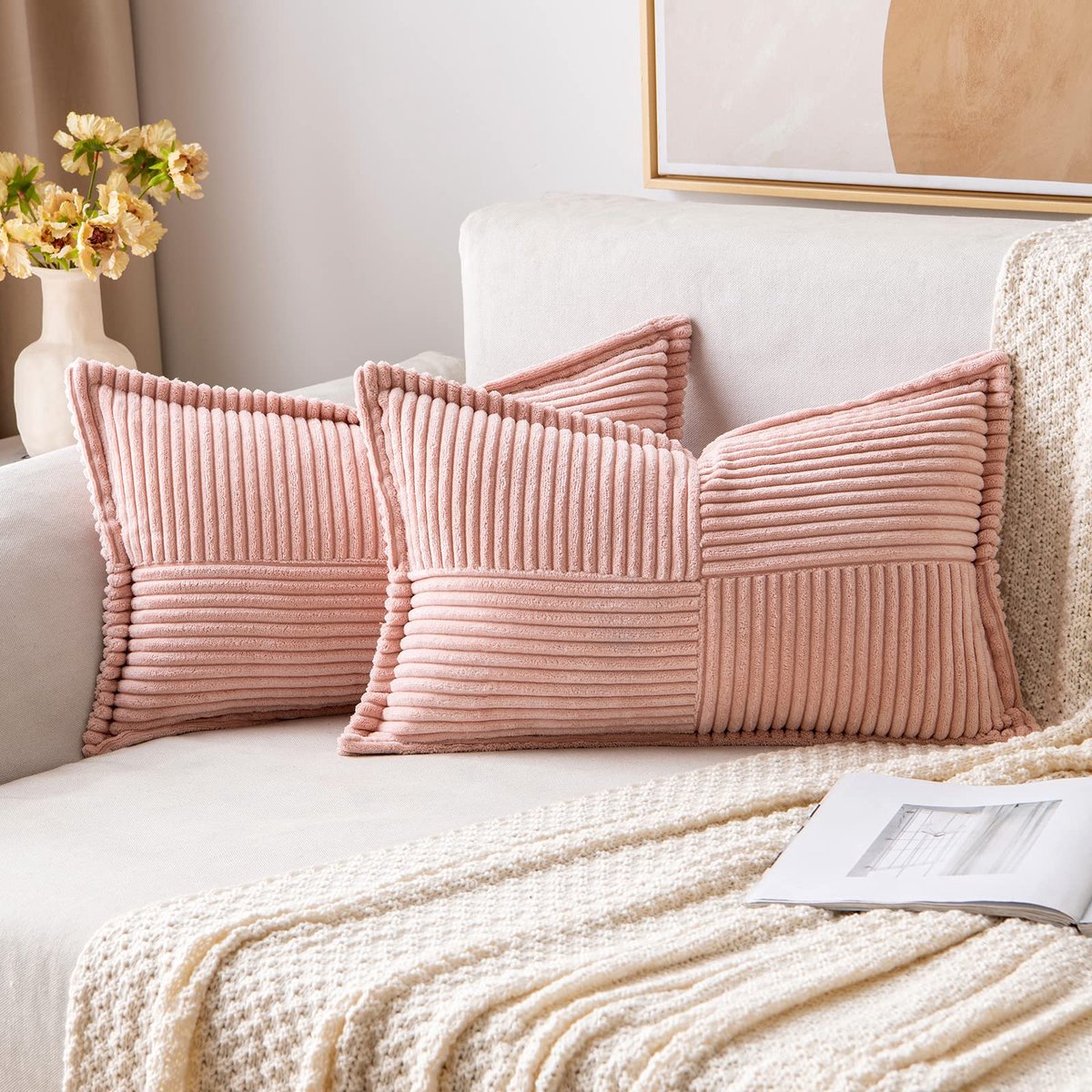 2-delige Set Kussenslopen - Ribfluweel met Bies en Patchwork - Roze 40x60cm