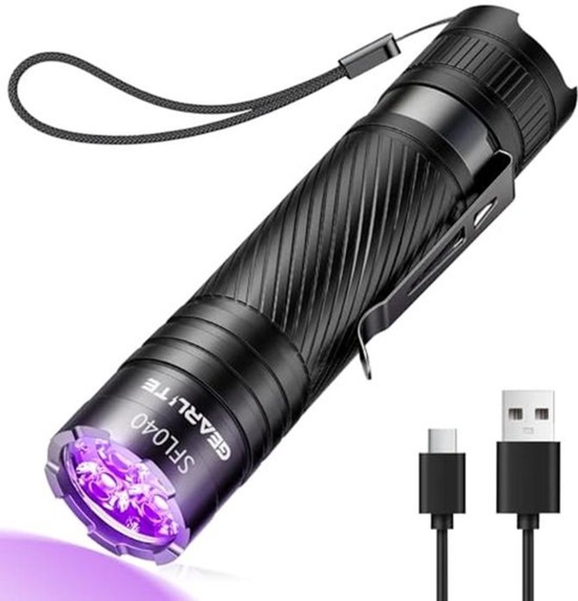 GEARLITE UV-blacklight zaklamp, oplaadbaar, licht, mini-uv-lamp, uv-licht met 3 leds, 395 nm, robuust, waterdicht, voor barnsteen zoeken, geocaching, urineonderzoek