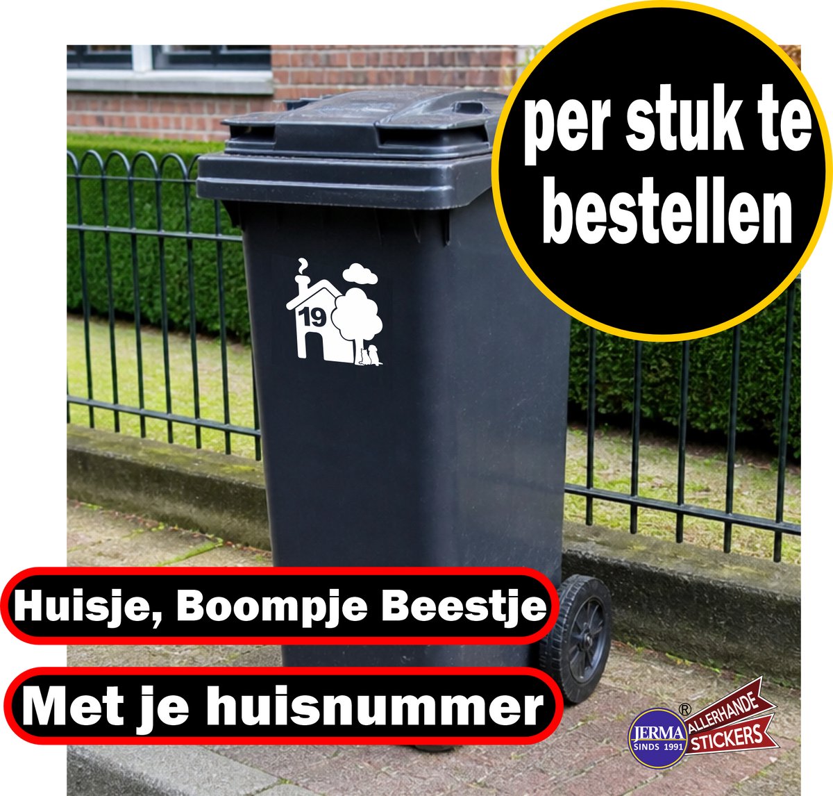 JERMA -Kliko container sticker - met huisnummer- per stuk - model - Huisje, Boompje, Beestje