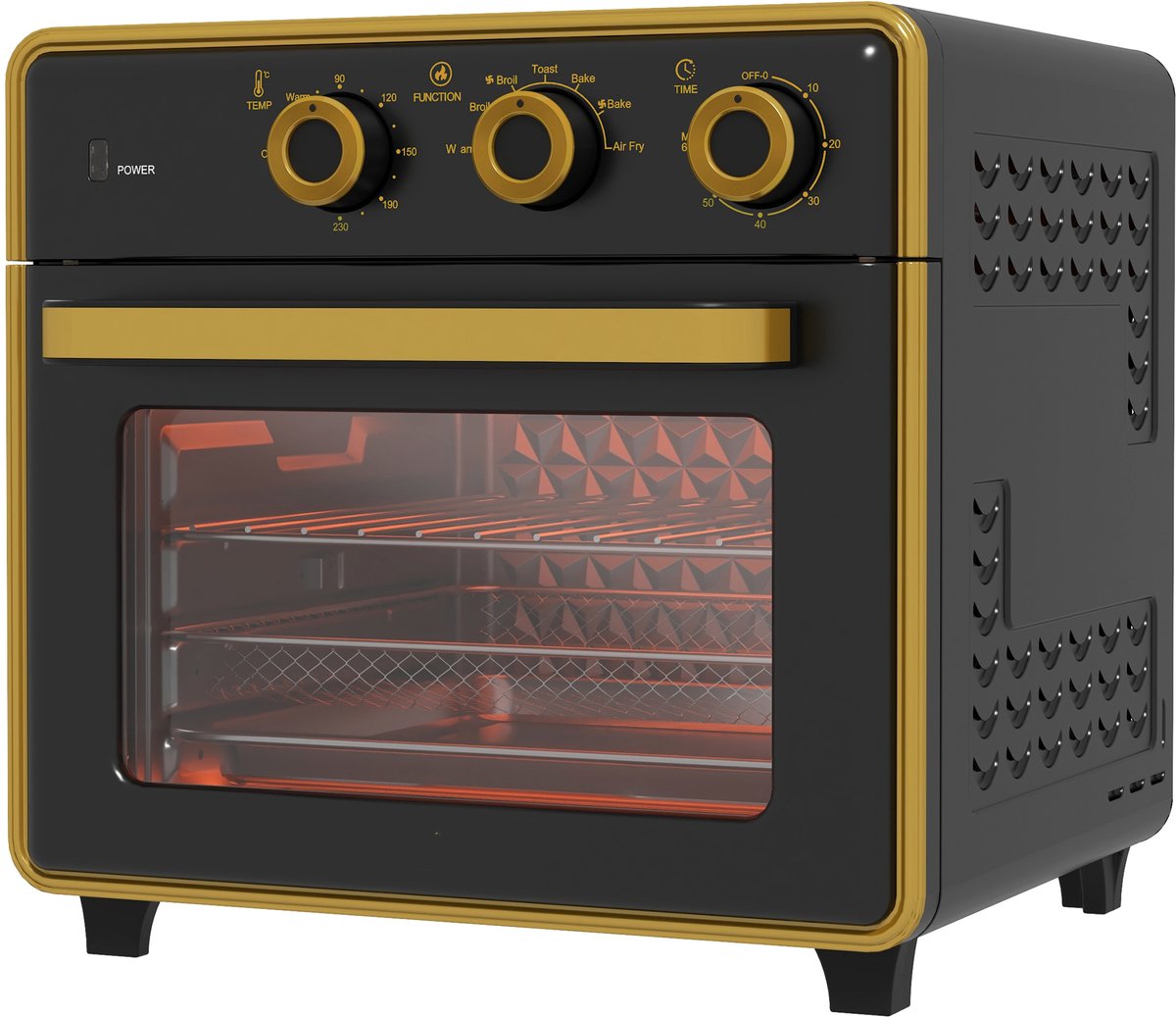 TEKROA® Mini-oven - 20 liter - frituren zonder olie, grillen, bakken, hetelucht, 90-230 °C - timer - 1400 W - zwart+goud