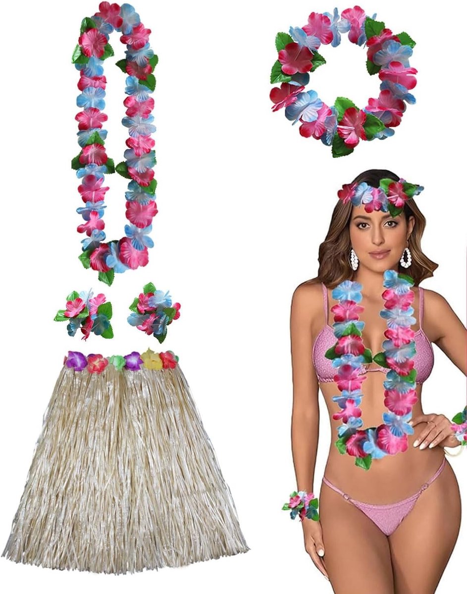 Tropisch Kostuum Set met Hula Rok en Bloemenkrans voor Volwassenen, Perfect voor Luau en Carnaval Feestjes