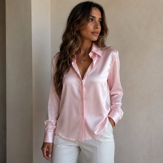 Zijdezachte roze satijnen blouse met lange mouwen, gedragen door een model met witte broek.