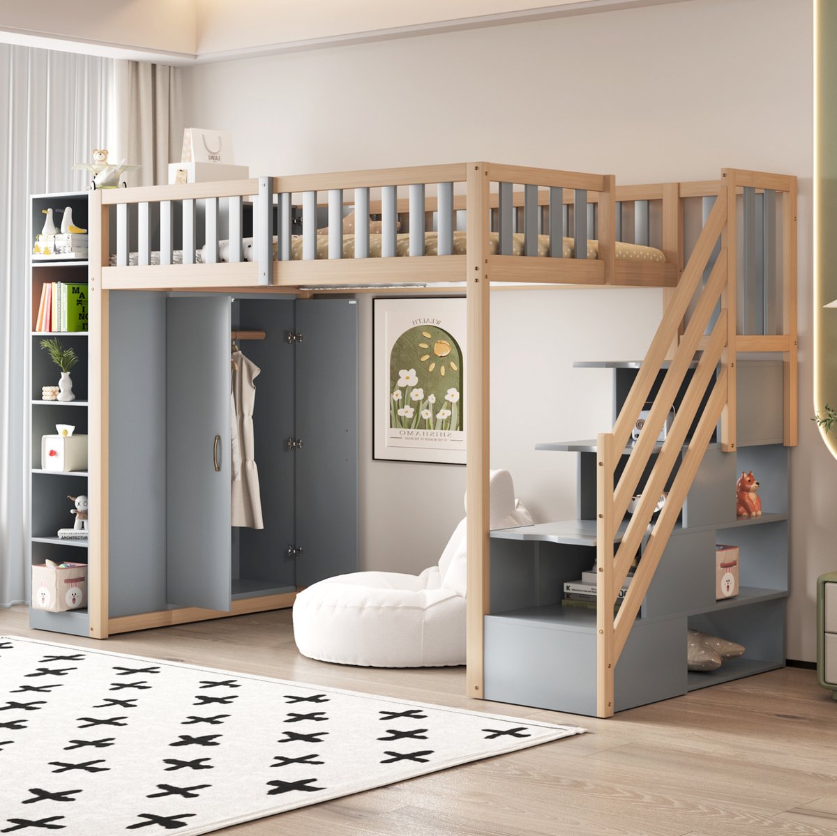 REDOM - Hoogslaper - Met opbergruimte en kledingkast - Veiligheidsladder met opbergvakken - Met boekenplanken - Hout en MDF - Grijs en houtkleur - 290 x 96,5 x 173 cm