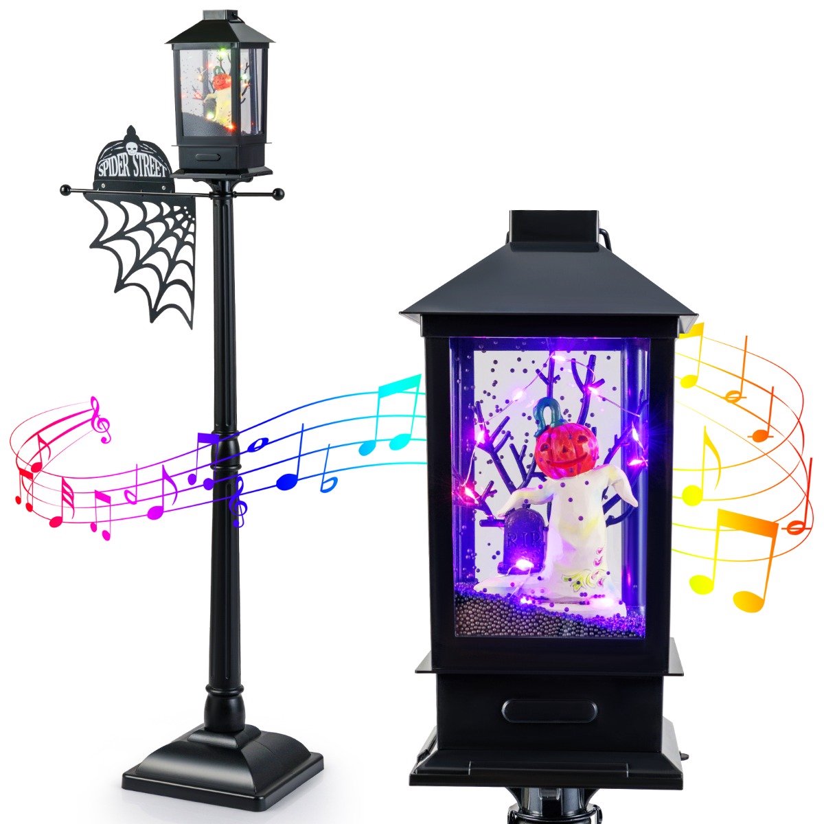 SureDeal® - Hallowe - Halloween Decoratie Straatlamp - Kleurige LED Lampen - Muziek - Zwarte Sneeuw Effect - 49,5x32x155 cm - Donkerbruin