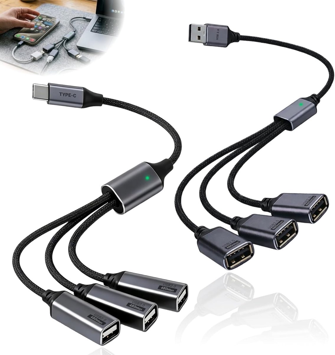 USB C Splitter 1 in 3, Type C Divider Adapter voor Dataoverdracht en Snelladen, Multi-Device Compatibel, Ideaal voor Smartphones en Tablets