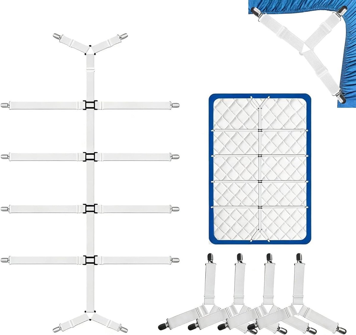Verstelbare spanbanden voor beddengoed, antislip, met roestvrije metalen clips en elastische nylon banden voor het veilig bevestigen van lakens en dekbedovertrekken